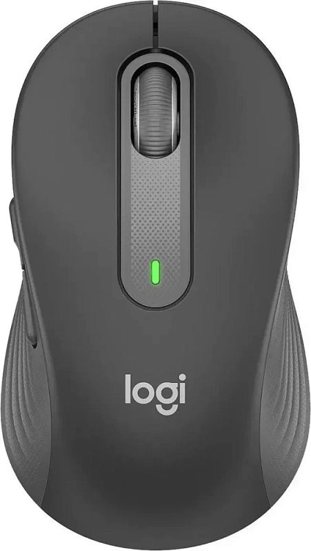 Фото-1 Беспроводная мышь Logitech M650 L, вид сверху; на фото видны колесо прокрутки SmartWheel, центральная вставка с зелёным индикатором и логотип logi, чёрный корпус с серыми боковыми зонами; изображение показывает основной внешний вид товара на странице.