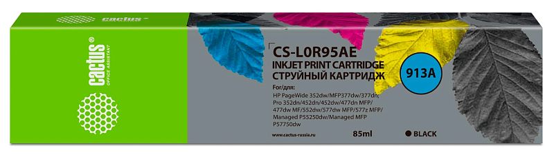 Фото-1 Струйный картридж Cactus CS-L0R95AE, чёрный, 85 мл — фронтальный вид коробки; видны код 913A, маркировка Black, объём 85 ml и совместимость с HP PageWide и Managed MFP; фото показывает упаковку и серию картриджа для офисной печати.