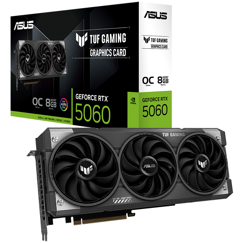 Фото-1 Видеокарта ASUS GeForce RTX 5060 TUF Gaming, общий вид с упаковкой спереди; на фото трёхвентиляторный кожух, массивный корпус и коробка с маркировкой серии, цвет графитовый и чёрный; изображение показывает внешний вид комплекта и помогает соотнести фото устройства с карточкой товара.