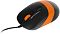 Фото-24 Мышь A4Tech F1010 (Orange), вид сверху под углом: чёрный корпус с оранжевым колесом и оранжевой боковой вставкой с рёбрами, подключение проводом; фото помогает оценить форму и расположение кнопок мыши.