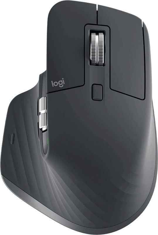 Фото-1 Беспроводная мышь Logitech MX Master 3S, вид сверху слева; графитовый корпус с высокой спинкой, металлическое колесо прокрутки, кнопка под колесом и боковое колесо для горизонтальной прокрутки, на левой стороне виден индикатор; фото показывает верхнюю компоновку и органы управления модели.