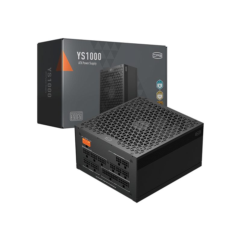 Фото-1 Блок питания для ПК PCCooler YS1000 (P5-YS1000-G1F), вид под углом: рядом коробка и блок с верхней треугольной перфорацией, видна модульная панель и оранжевый разъём 12V-2x6; чёрный корпус на белом фоне для визуальной идентификации товара.