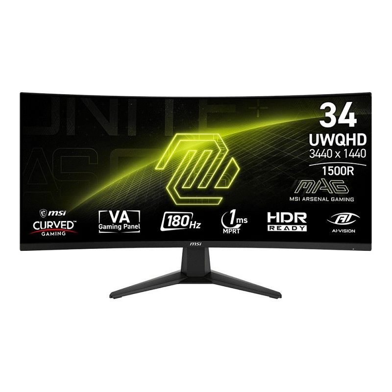 Фото-1 Изогнутый монитор MSI MAG 346CQ, вид спереди: чёрный корпус, изогнутый экран с инфографикой характеристик, центральная стойка и V‑образное основание. Контекст — студийное фото; важно для страницы, чтобы увидеть кривизну панели и форму подставки.