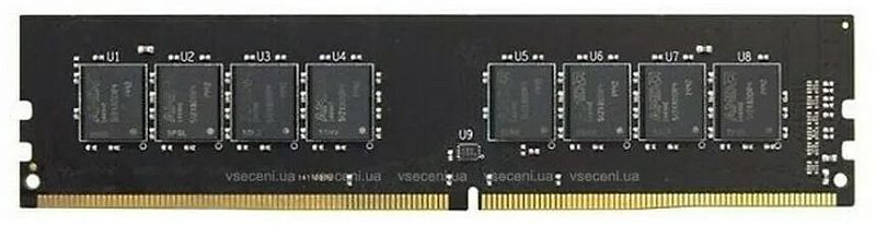 Фото-1 Модуль памяти AMD Radeon R7 Performance Series R7416G2400U2S-U, фронтальный вид на светлом фоне; чёрная печатная плата DIMM без радиатора, восемь микросхем на лицевой стороне и центральный вырез ключа; важно для страницы товара ОЗУ, потому что фото показывает базовое исполнение модуля без декоративного кожуха.