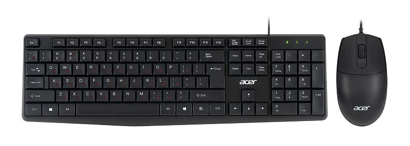 Фото-1 Проводной комплект клавиатуры и мыши Acer ZL.MCEEE.01M — вид сверху: клавиатура с цифровым блоком и мышь справа, видны кабели; чёрный пластик, логотип acer на клавиатуре и мыши. Для страницы набора показывает состав комплекта и проводное подключение.