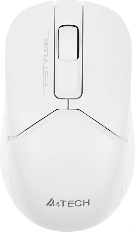 Фото-1 Беспроводная мышь A4Tech Fstyler FB12 White, вид сверху; видны колесо прокрутки, центральная вставка с логотипом Fstyler и маркировка A4TECH на задней части корпуса, цвет белый. Фото показывает верхнюю панель и фирменные обозначения модели.