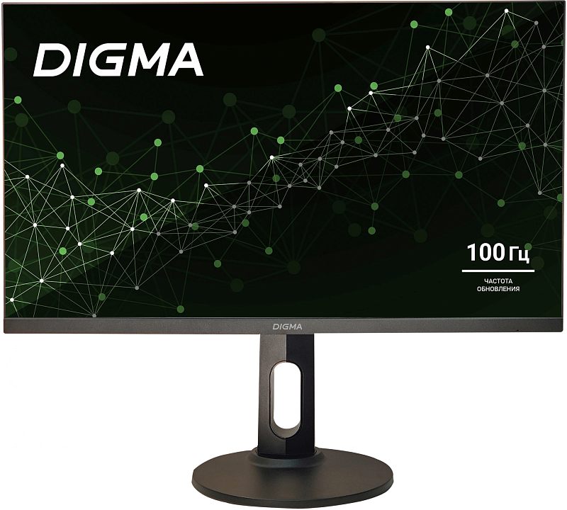 Фото-1 Монитор Digma Progress 24P505F, вид спереди; чёрный корпус на круглой подставке, стойка с овальным окном для кабелей, на экране надпись DIGMA и «100 Гц»; важно для идентификации модели и внешнего вида передней панели на странице товара.