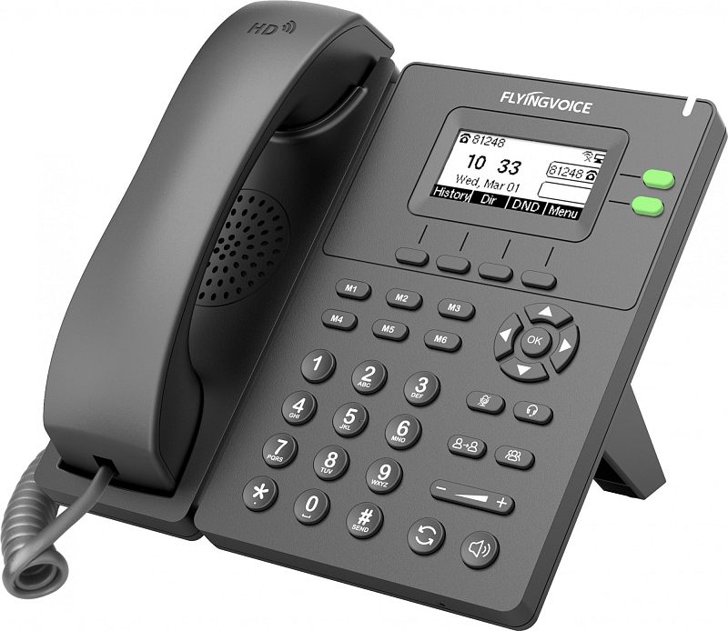 Фото-1 IP-телефон Flyingvoice P20G, серый, вид спереди слева под углом; показаны трубка, монохромный экран, две зелёные клавиши линий справа от дисплея, навигационный блок и цифровая клавиатура; изображение важно для карточки товара, так как демонстрирует внешний вид и органы управления настольного SIP-телефона.