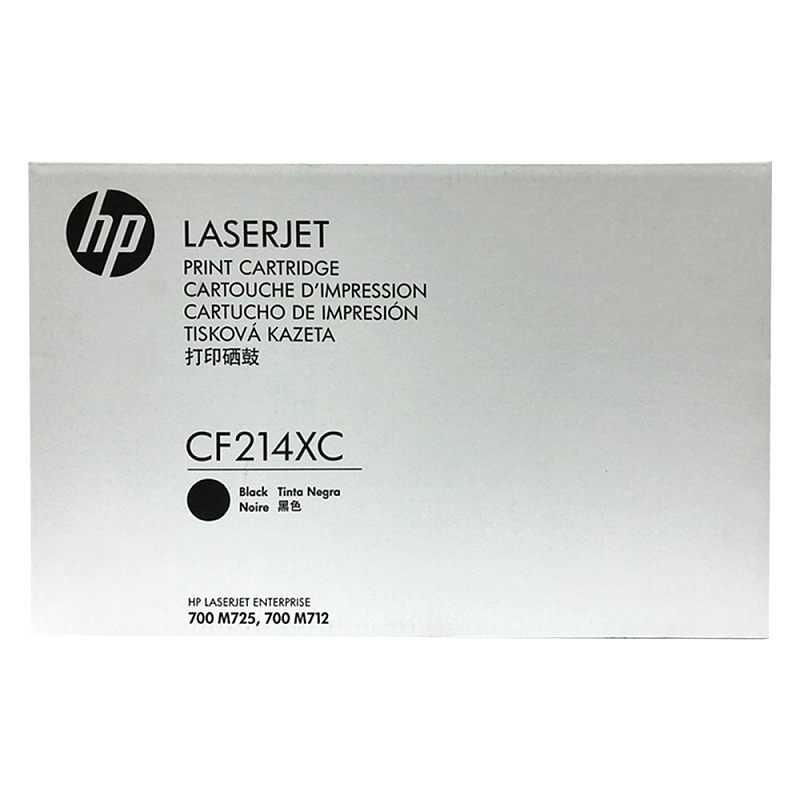 Фото-1 Тонер-картридж HP 14X CF214XC, вид спереди на коробку; белая коробка с логотипом HP, надписью LaserJet и чёрной меткой Black; на фото показана лицевая сторона упаковки с модельным кодом, что помогает отличить расходник по серии и цвету печати.
