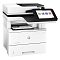 Фото-2 МФУ HP LaserJet Enterprise M528dn, вид спереди под углом ближе; акцент на автоподатчике сверху и большом сенсорном экране справа, видна площадка сканера с листом; на белом фоне для страницы товара, чтобы рассмотреть расположение экрана и податчика документов.