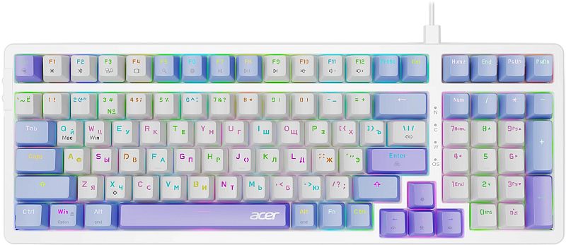 Фото-1 Клавиатура Acer OKW304, вид спереди; компактная раскладка с цифровым блоком, белый корпус и белые клавиши, многоцветная подсветка по контуру клавиш, провод выходит сверху по центру. Для страницы товара важно, потому что фото показывает цвет исполнения и раскладку клавиатуры.