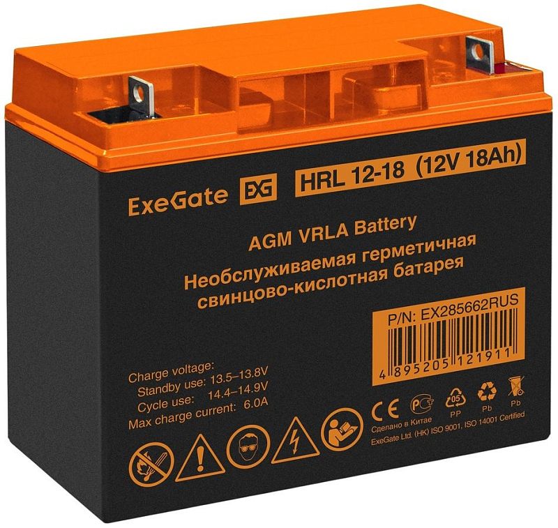 Фото-1 Батарея для ИБП ExeGate EX285662RUS (HRL 12-18): вид сбоку под углом; чёрный корпус и оранжевая крышка, маркировка HRL 12-18 (12V 18Ah) на этикетке, сверху две плоские клеммы. На белом фоне для визуального подтверждения модели и размещения клемм на странице товара.