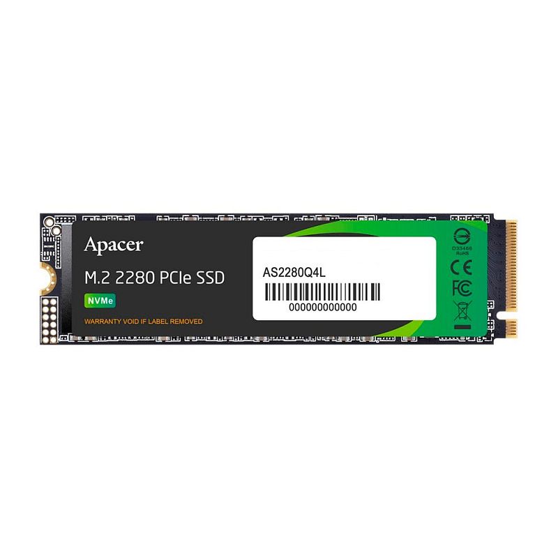 Фото-1 SSD Apacer AS2280Q4L M.2 2280 256 ГБ, вид сверху: плата формата M.2 2280 с чёрной и зелёной наклейкой, белым сервисным стикером и золотистым коннектором M.2 на торце; фото показывает лицевую сторону накопителя на странице товара.