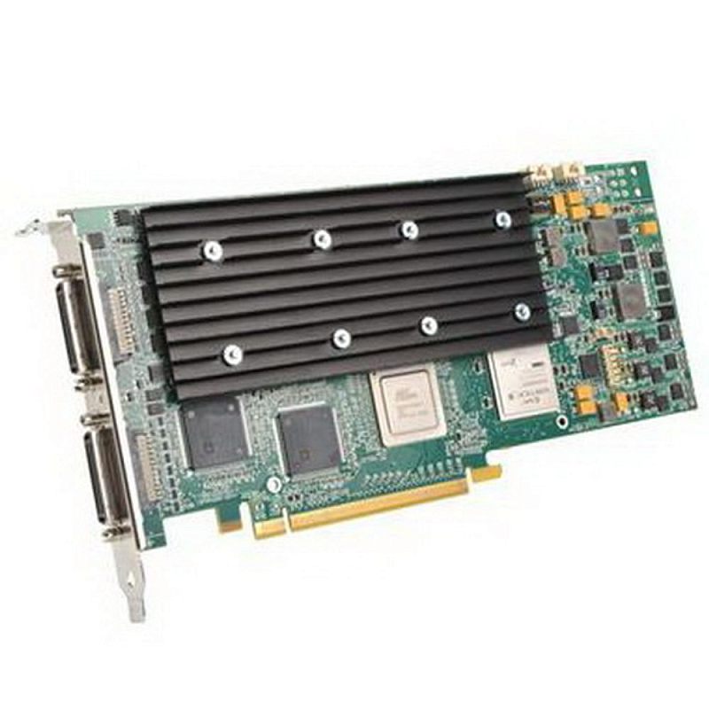 Фото-1 Карта видеозахвата Matrox Mura MPX44HF, вид спереди; зелёная плата с длинным чёрным радиатором и двумя разъёмами на монтажной планке, что важно для страницы товара как фото форм-фактора и охлаждения.
