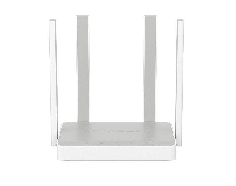 Фото-1 Wi‑Fi роутер Netcraze Speedster NC‑3013, вид спереди; четыре внешние антенны, на верхней панели тиснёная надпись NETCRAZE, на передней кромке пиктограммы индикаторов и длинная кнопка; студийное фото для карточки товара.