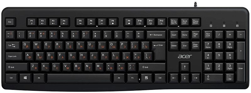 Фото-1 Клавиатура Acer OKW500, вид сверху. На фото проводная мембранная клавиатура чёрного цвета с цифровым блоком, русско-латинской раскладкой и рядом функциональных клавиш F1–F12. Изображение важно для страницы товара, так как показывает раскладку, полноразмерный формат и внешний вид корпуса.