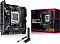 Фото-9 ASUS ROG Strix B850‑I Gaming WiFi, комплект на белом фоне: плата, коробка и внешняя антенна Wi‑Fi на подставке, видна задняя панель I/O; важно для понимания комплектации и наличия Wi‑Fi‑антенны.