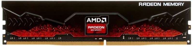 Фото-1 Модуль памяти AMD Radeon R7 Performance Series R7S416G2606U2S 16 ГБ DDR4, вид спереди; показан чёрный радиатор с красным пиксельным рисунком, центральным логотипом AMD Radeon Memory и надписью Radeon Memory в правом верхнем углу. Изображение важно для страницы, потому что показывает лицевую панель и фирменное оформление модуля.