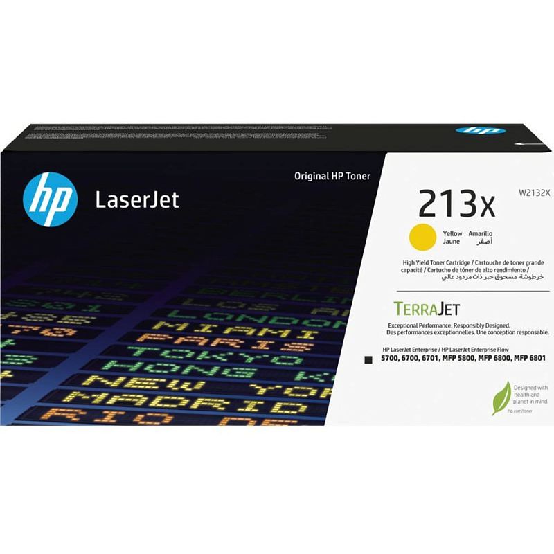 Фото-1 Тонер-картридж HP 213X W2132X Yellow, фронтальный вид упаковки; коробка LaserJet с жёлтой цветовой меткой, маркировкой 213X, надписью TerraJet и графическим фоном на левой части. Изображение важно для страницы товара, чтобы подтвердить серию и цвет тонера.