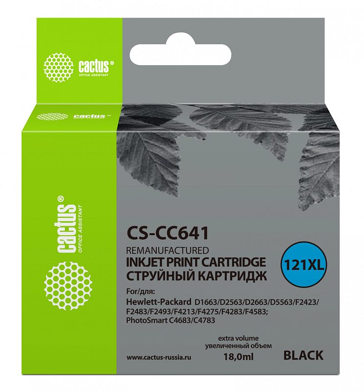 Фото-1 Струйный картридж Cactus CS-CC641, лицевая сторона упаковки; зелёно-серая коробка с подвесом, голубым кругом 121XL, надписью Black и объёмом 18,0 мл, на панели указан список совместимых моделей HP DeskJet, F-серии и PhotoSmart; изображение на белом фоне важно для страницы товара, так как показывает модель, цвет и объём расходного материала.
