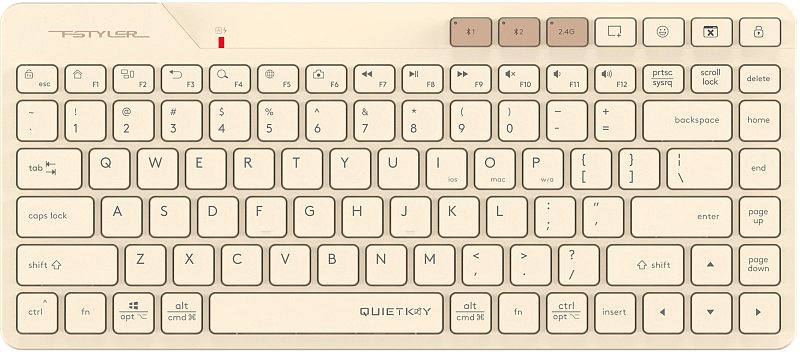 Фото-1 Клавиатура A4Tech Fstyler FBK26C AS, вид сверху; бежевый компактный корпус без цифрового блока, низкопрофильные клавиши, отдельные кнопки выбора устройства и индикатор сверху; на светлом фоне для карточки товара, изображение показывает раскладку и верхний ряд управления на странице товара.