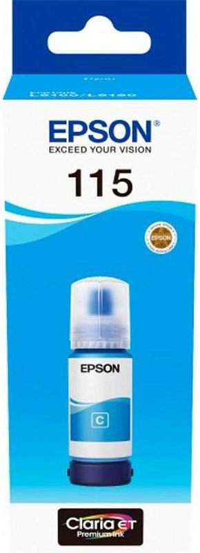 Фото-1 Чернила Epson 115 C13T07D24A, коробка спереди; узкая бело-голубая упаковка с синим подвесным клапаном, логотипом Epson, номером 115, изображением флакона с меткой C и логотипом Claria ET Premium Ink; на белом фоне для карточки товара и распознавания фирменной упаковки.