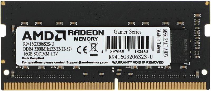 Фото-1 Модуль памяти AMD Radeon R9 Gamers Series R9416G3206S2S-U 16GB DDR4 SO-DIMM, крупный план стороны с наклейкой. На фото чёрная плата, белая этикетка Radeon Memory Gamer Series с параметрами DDR4 3200MHz и золотистые контакты по нижнему краю. Фото показывает маркировку и модель модуля для страницы товара.
