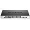 Фото-3 Коммутатор D-Link DGS-1210-28XS/ME, фронтальный вид на светлом фоне; видны 24 SFP-слота в центре, консольный порт слева, четыре SFP+ слота справа и ряд светодиодных индикаторов над портами, корпус чёрный; изображение помогает рассмотреть распределение интерфейсов на лицевой стороне.