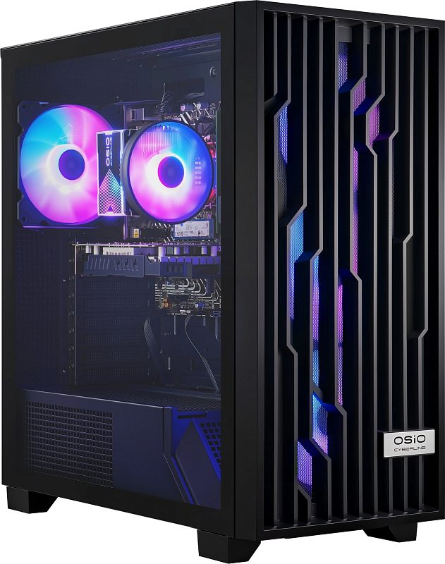 Фото-1 Настольный компьютер OSIO B59i Mini PC S59i-001B, вид спереди слева на корпус. На фото видны стеклянная боковая панель, фронтальная решётка с вертикальными рёбрами, три подсвеченных вентилятора и шильдик OSIO CyberLine, цвет чёрный. Изображение показывает внешний дизайн корпуса и фронтальную вентиляцию для страницы товара.
