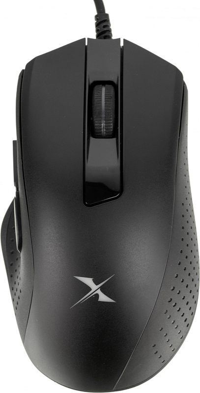 Фото-1 Проводная мышь A4Tech Bloody X5 Max, вид сверху на корпус; на фото видны левая и правая кнопки, колесо прокрутки в глянцевом центральном канале и перфорированные боковые зоны, цвет чёрный; изображение показывает основную форму и органы управления, что важно для карточки товара с проводной мышью.