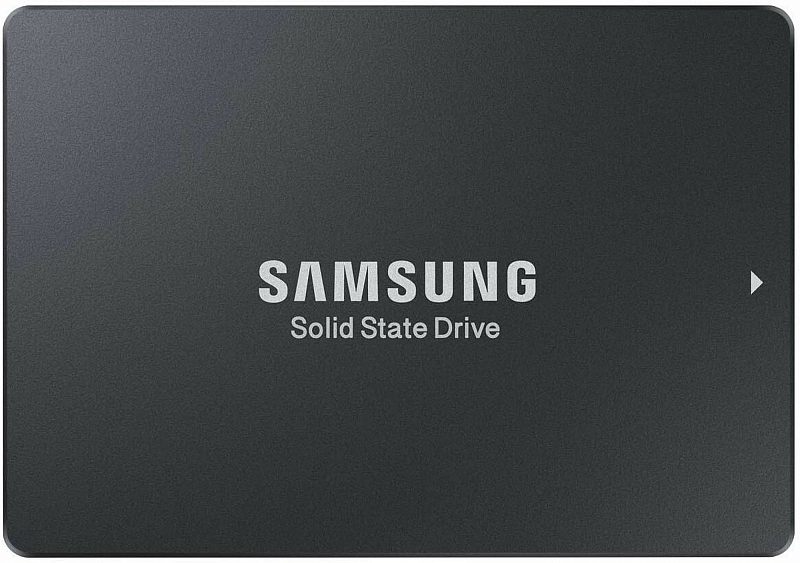 Фото-1 SSD Samsung PM9A3 MZQL27T6HBLA, 2.5", 7.68 ТБ — вид сверху; на фото чёрная лицевая крышка с логотипом Samsung Solid State Drive, матовая поверхность и скруглённые углы корпуса, изображение используется как основное фото товара на странице.