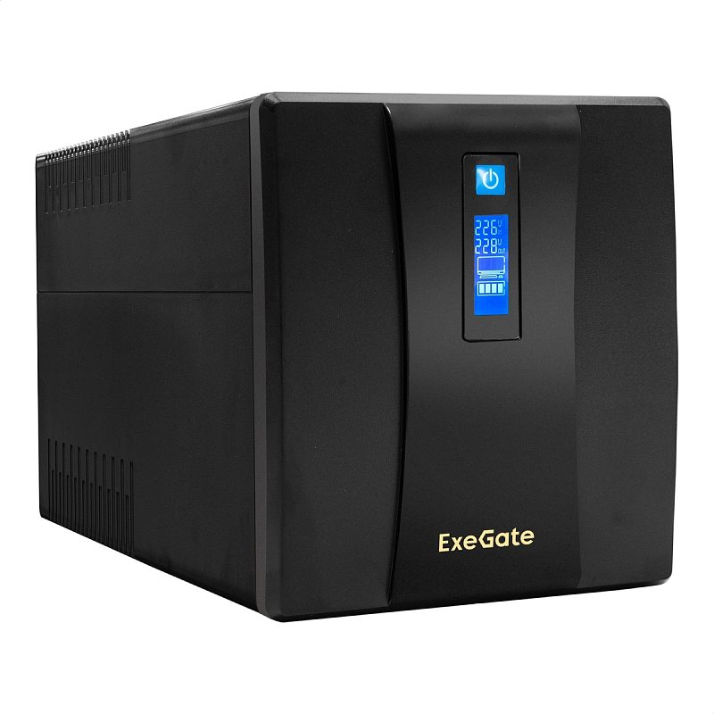 Фото-1 ИБП ExeGate SpecialPro Smart LLB 1200 VA Tower, вид сверху: чёрный корпус brick, шесть розеток на верхней панели, синяя кнопка питания и белая маркировка на крышке; фото показывает верхнюю панель и доступ к выходам для страницы товара.