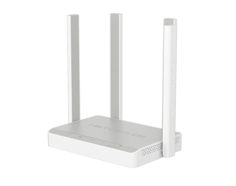 Фото-1 Wi‑Fi роутер Netcraze Viva NC‑1913, вид под углом: белый корпус с тремя внешними антеннами, на верхней панели зона индикаторов, на боковой грани вентиляционные отверстия; фото показывает внешний вид и расположение антенн для установки в комнате.