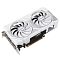 Фото-5 Видеокарта ASUS GeForce RTX 5060 Dual OC 8GB, вид сверху под углом. Показаны два вентилятора, белый кожух, открытая нижняя часть карты и боковая панель с надписью GeForce RTX. Фото раскрывает высоту кожуха и боковую геометрию модели.