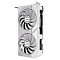 Фото-8 Видеокарта ASUS GeForce RTX 5060 Dual OC 8GB, вертикальный вид с торца. На фото карта развернута стоя; видны два вентилятора, боковые надписи GeForce RTX и ASUS, а также 8-контактный разъём питания на правой грани. Фото показывает высоту корпуса и боковую часть модели.