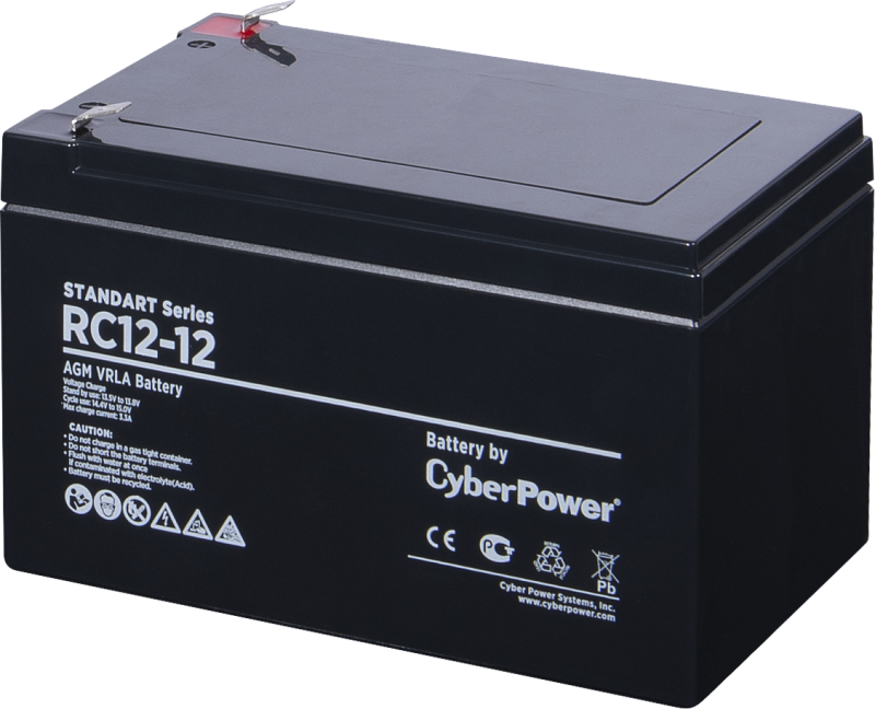 Фото-1 Батарея для ИБП CyberPower RS-RC 12-12, вид спереди; чёрный герметичный аккумулятор с бело-синей маркировкой показан для карточки батареи ИБП.