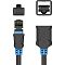 Фото-2 Патч-корд Vention S/STP Cat 6 чёрный 3 м, схема разъёмов с нескольких сторон; отдельно показаны штекер и гнездо RJ-45 спереди, сзади и сверху, видны контакты, металлическое экранирование и вентиляционные прорези у синей вставки; фото помогает рассмотреть тип соединения на странице кабеля.