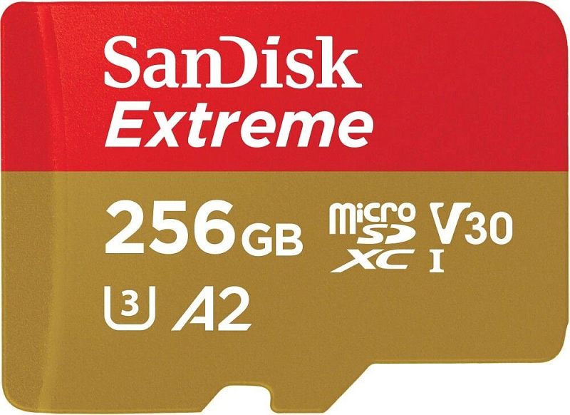 Фото-1 Карта памяти microSDXC SanDisk Extreme 256GB — крупный план лицевой стороны; красно‑золотая этикетка, значки microSDXC I, V30, U3 и A2. На странице товара важно увидеть формат microSDXC и обозначения производительности по маркировке на карте.
