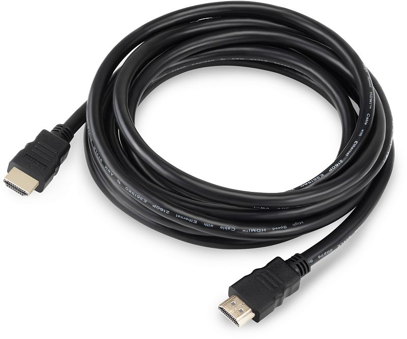 Фото-1 Видеокабель Buro BHP-RET-HDMI30-2 HDMI–HDMI, общий вид под углом: чёрный кабель 3,00 м свёрнут в бухту, на оболочке читается маркировка High Speed HDMI Cable with Ethernet, по краям расположены два штекера HDMI; фото показывает длину и конструкцию кабеля для страницы о подключении по HDMI.