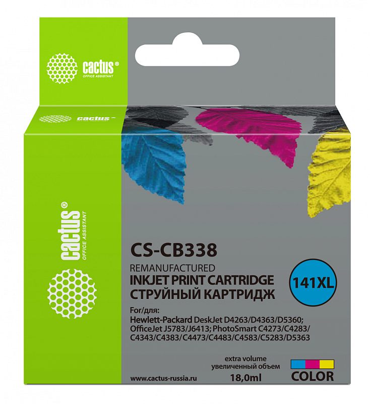 Фото-1 Струйный картридж Cactus CS-CB338, лицевая сторона упаковки; зелёно-серая коробка с подвесом, цветными листовыми элементами, голубым кругом 141XL, надписью Color и объёмом 18,0 мл, на панели указан список совместимых моделей HP DeskJet, OfficeJet и PhotoSmart; изображение на белом фоне важно для страницы товара, так как показывает модель и трёхцветный тип картриджа.