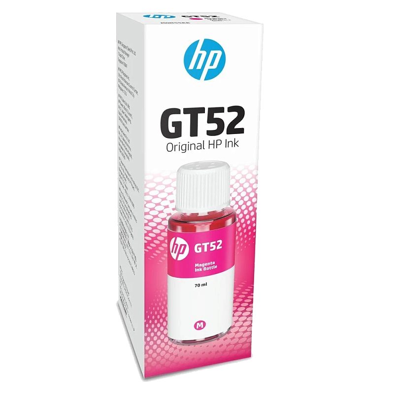 Фото-1 Чернила HP GT52 Magenta 70 мл, фронтальный вид упаковки; высокая белая коробка с крупной маркировкой GT52, изображением флакона, пурпурным градиентом и логотипом HP сверху. Изображение помогает проверить серию, цвет и объём расходника в карточке товара.