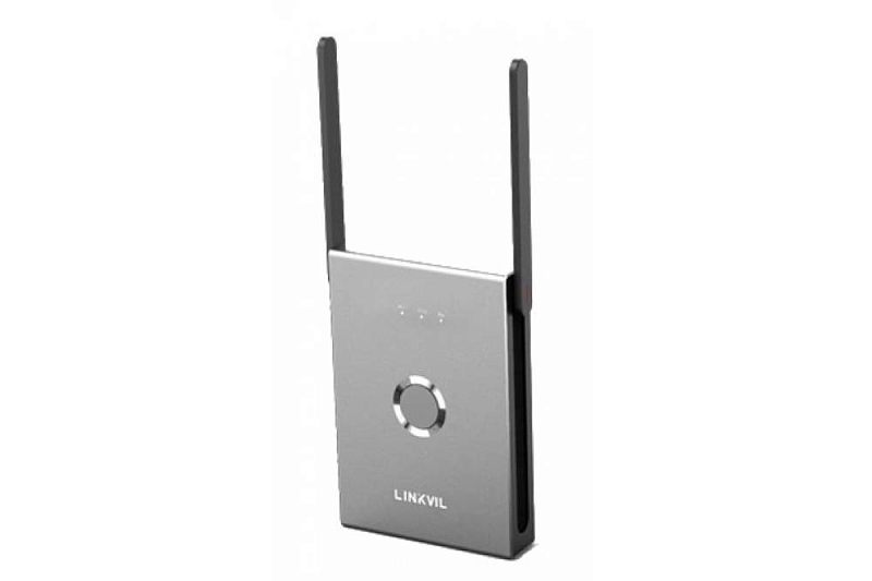 Фото-1 Базовая станция IP Fanvil W710H (Linkvil), вид под углом: серый корпус с двумя чёрными антеннами и центральной круглой кнопкой‑индикатором, логотип LINKVIL; важно для страницы — показывает внешний вид базовой станции и расположение антенн.