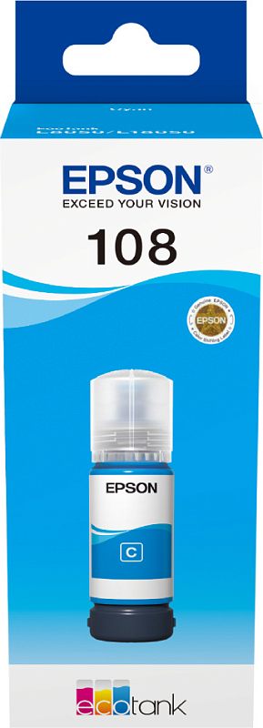 Фото-1 Чернила Epson 108 C13T09C24A, фронтальный вид упаковки; видны логотип Epson, номер серии 108, изображение флакона с меткой C и знак EcoTank, цвет на фото голубой, для страницы товара важно как подтверждение серии, цвета и формата 70 мл.
