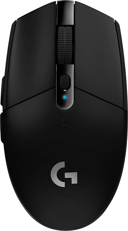 Фото-1 Беспроводная мышь Logitech G304 Lightspeed, чёрный, вид сверху; на фото видны широкое рифлёное колесо, кнопка переключения DPI под колесом, индикатор и логотип G на спинке; габариты 62.1 × 116.6 × 38.2 мм, вес брутто 0.3 кг; на белом фоне для страницы товара, чтобы показать верхнюю панель и органы управления.