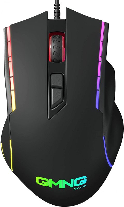 Фото-1 Проводная игровая мышь GMNG OKLICK 950GM, вид сверху: чёрный корпус, центральное колесо с рельефной резиной, две дополнительные кнопки за колесом, боковые линии RGB-подсветки и логотип GMNG; показывает форму и расположение элементов управления товара.