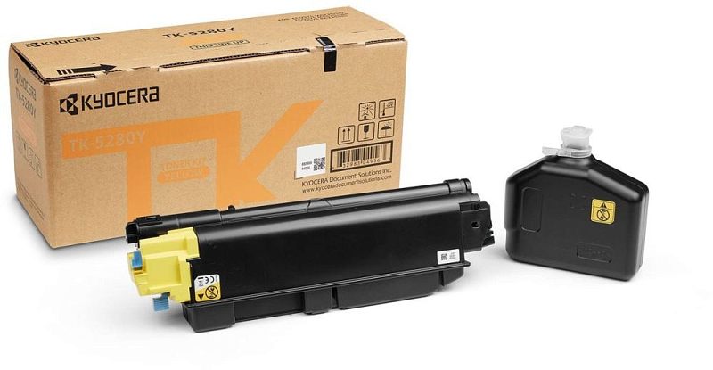 Фото-1 Картридж Kyocera TK-5280Y 1T02TWANL0, желтый тонер-картридж в комплекте с упаковкой и контейнером, ракурс спереди под углом; виден черный корпус с желтым торцевым блоком и опорами, рядом черный контейнер с прозрачной крышкой, позади коробка Toner Kit Yellow; изображение показывает комплект и цвет исполнения для страницы расходника.