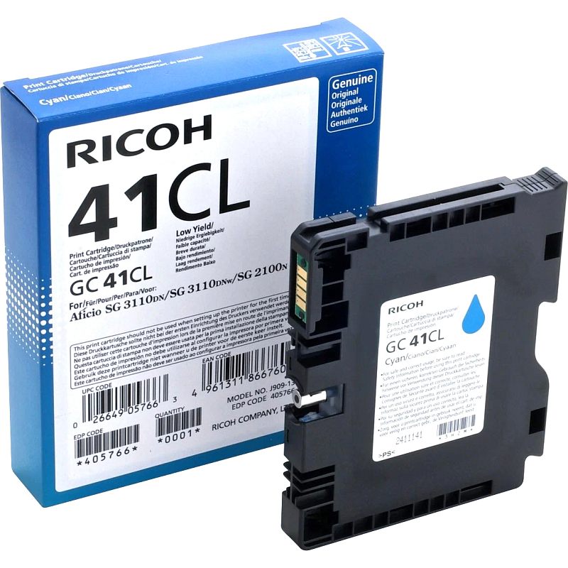 Фото-1 Гелевый картридж Ricoh GC 41CL 405766, комплект с коробкой и картриджем спереди слева; синяя коробка с маркировкой 41CL и чёрный пластиковый картридж с голубой каплей на наклейке, видны направляющие и контактная зона, фото показывает состав комплекта для страницы товара.