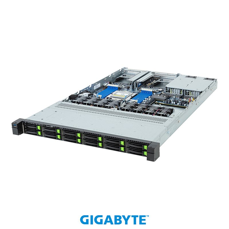 Фото-1 Серверnaya platforma gigabyte r163 z35 rev aac1 acc1 12x2 5, фронтальный вид; стоечный корпус с отсеками накопителей, индикаторами и вентиляционными зонами показан для страницы серверного оборудования. Описание фиксирует видимые элементы, чтобы изображение соответствовало теме страницы товара.