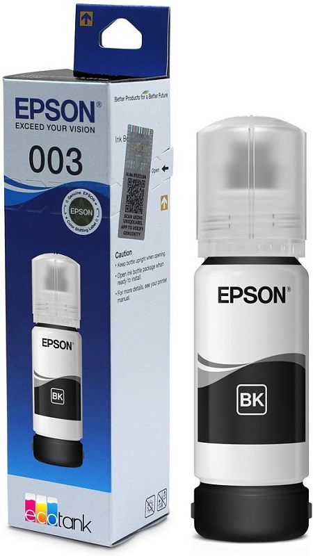 Фото-1 Чернила Epson 003 C13T00V198, коробка и флакон спереди на белом фоне; белый флакон с чёрной меткой BK и полупрозрачной крышкой стоит рядом с коробкой Epson 003 Ecotank, объём 65 мл; изображение показывает цвет чернил, форму бутылки и фирменную упаковку для страницы товара о чёрных струйных чернилах Epson.