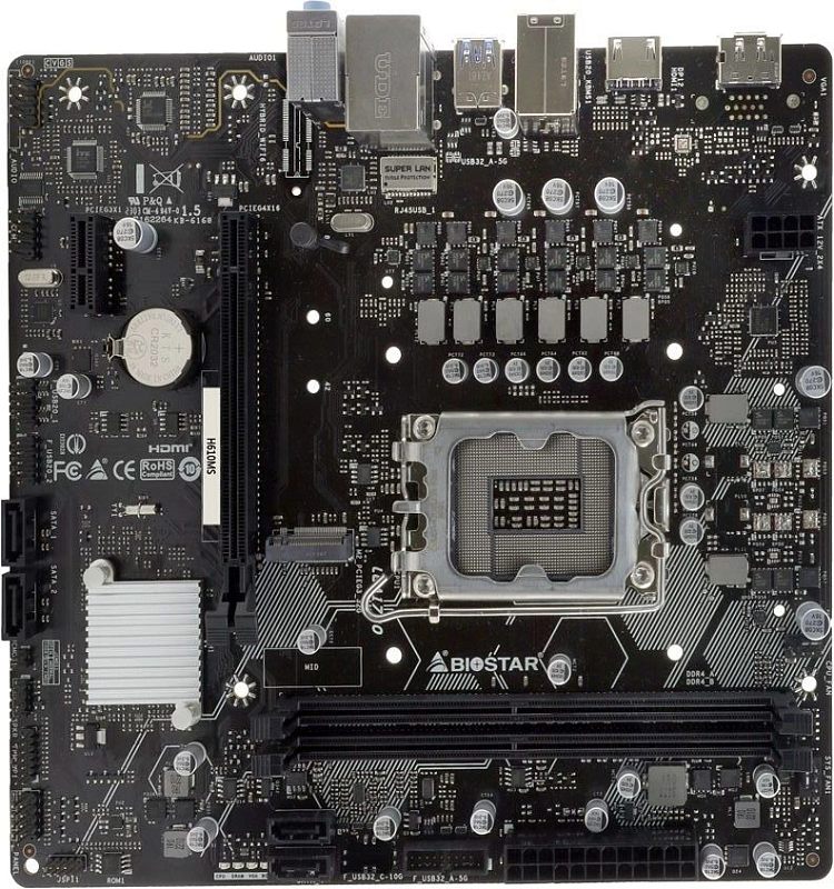 Фото-1 Материнская плата Biostar H610MS, вид сверху; чёрная печатная плата, сокет LGA1700, два слота DDR4, серебристый радиатор чипсета и один слот PCIe x16; фото показывает компоновку слотов и разъёмов для сборки ПК.